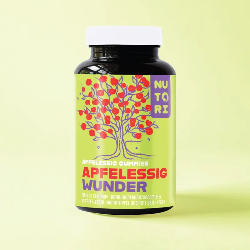NUTORI - Premium Apfelessig Gummies - Tägliche Unterstützung für eine ausgewogene Ernährung - Mit Granatapfelsaftpulver, Rote-Bete-Pulver und Vitamin B6, B12, Folsäure & Jod