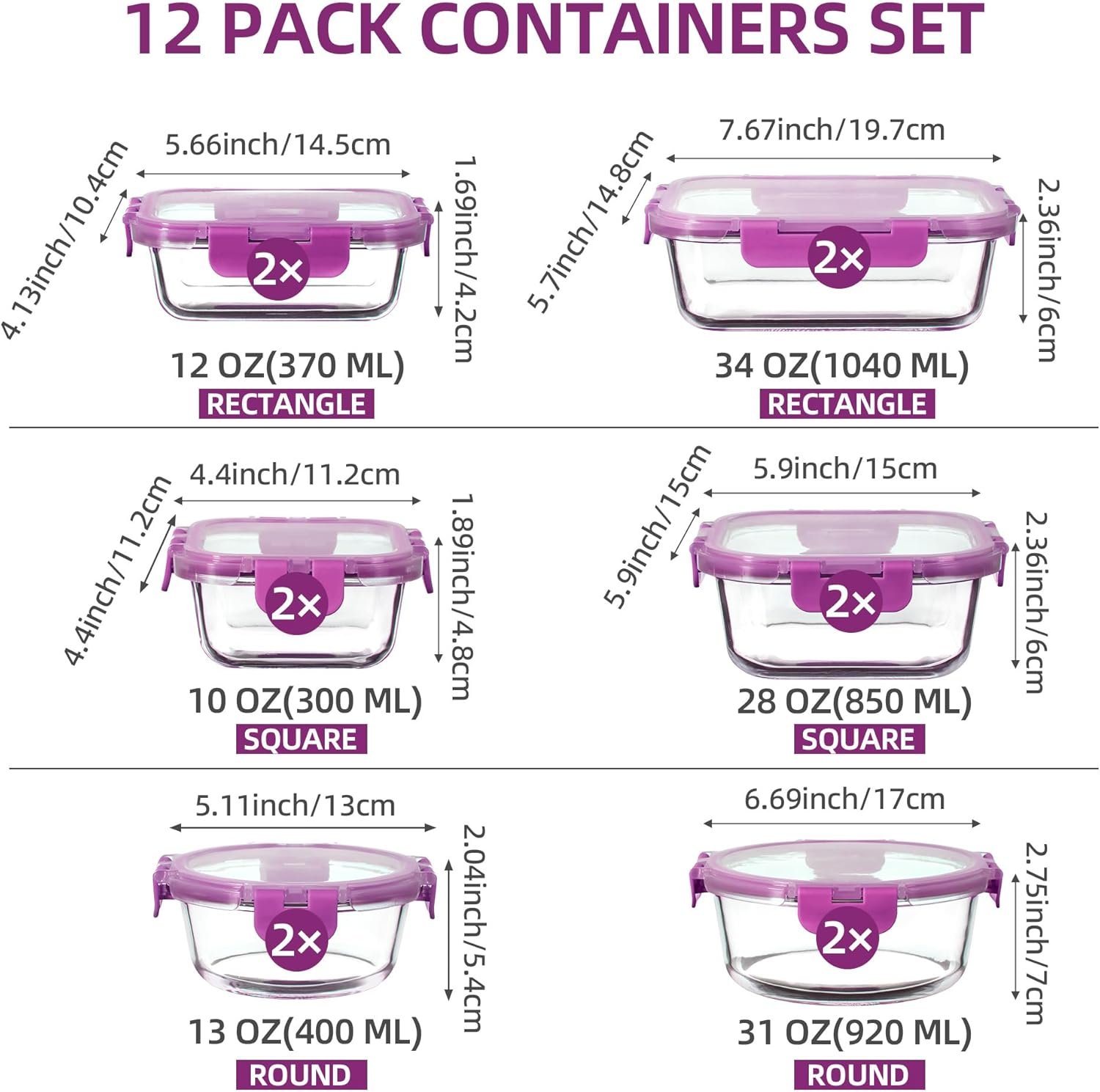 Juego de Recipientes de Cristal Herméticos (24 Piezas) | 12 Tápers + 12 Tapas Sin BPA, Aptos para Microondas, Horno y Lavavajillas - Image 2