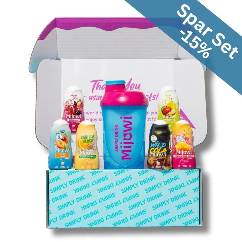 Mijuwi Fantastic Starter Set Sirup ohne Zucker - 6x 48 ml, zuckerfreier Sirup + Shaker, 100% vegan, für 6-8 Liter Getränk pro Sirup, natürlich aromatisiert, Wild Cola, Dragonfruit & Mango, Grenadine, Apple & Pear, Vanilla Beach, Ice Tea Peach